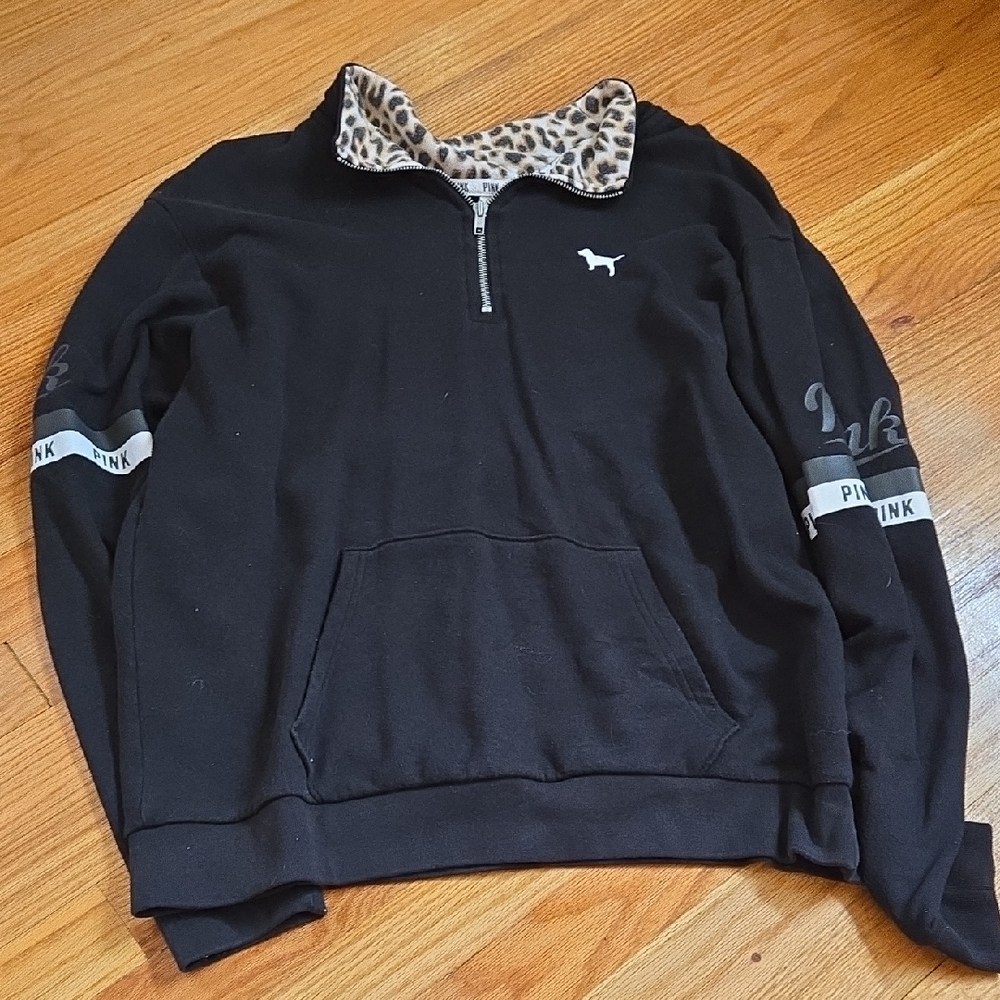 PINK Victoria's Secret Black Zip-Up with Leopard Collar